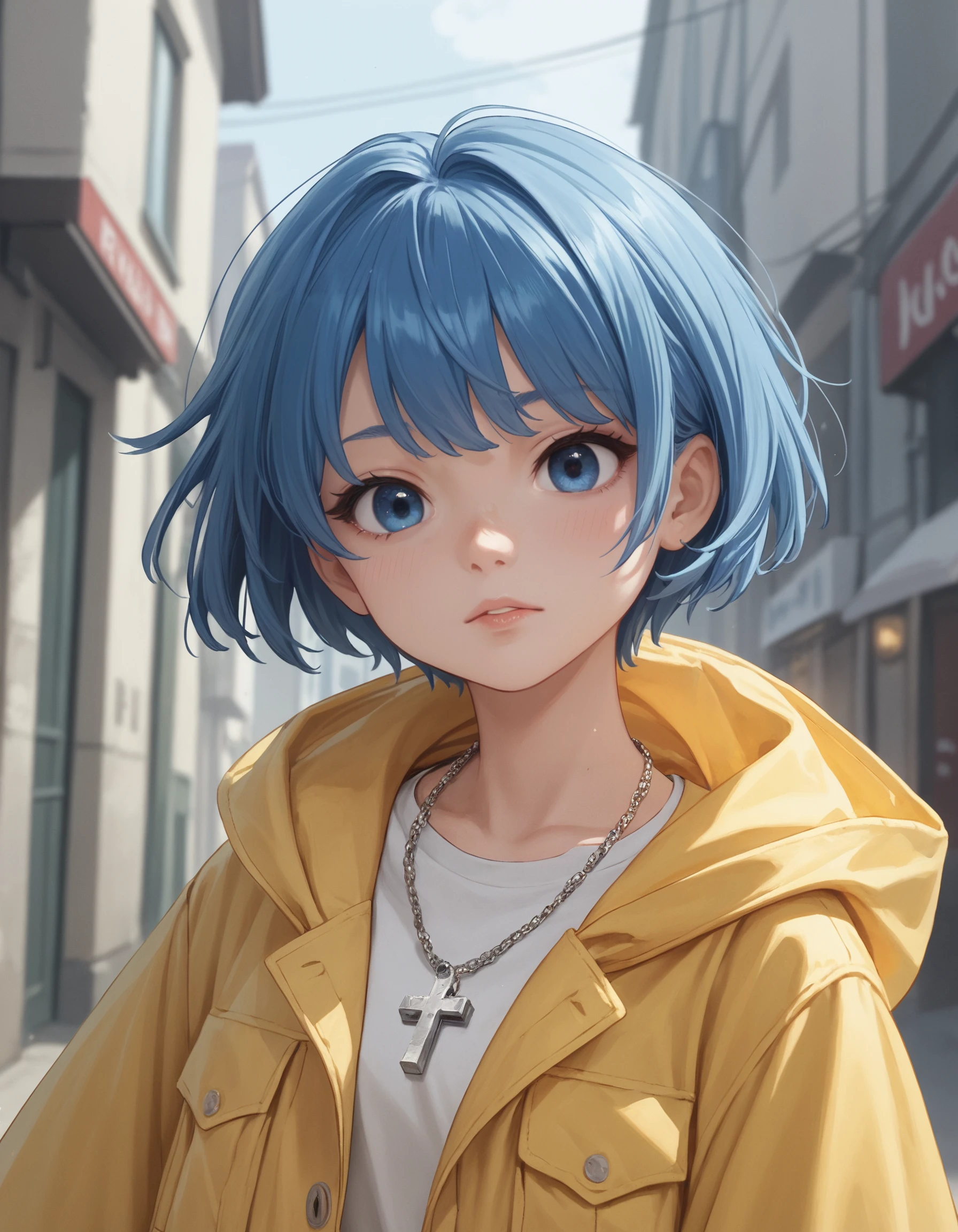 <lora:Luce_Pony-10:0.8> luc3, 1girl, blue hair, short hair, blue eyes, cross necklace, yellow raincoat,, score_9, score_8_up, score_7_up,