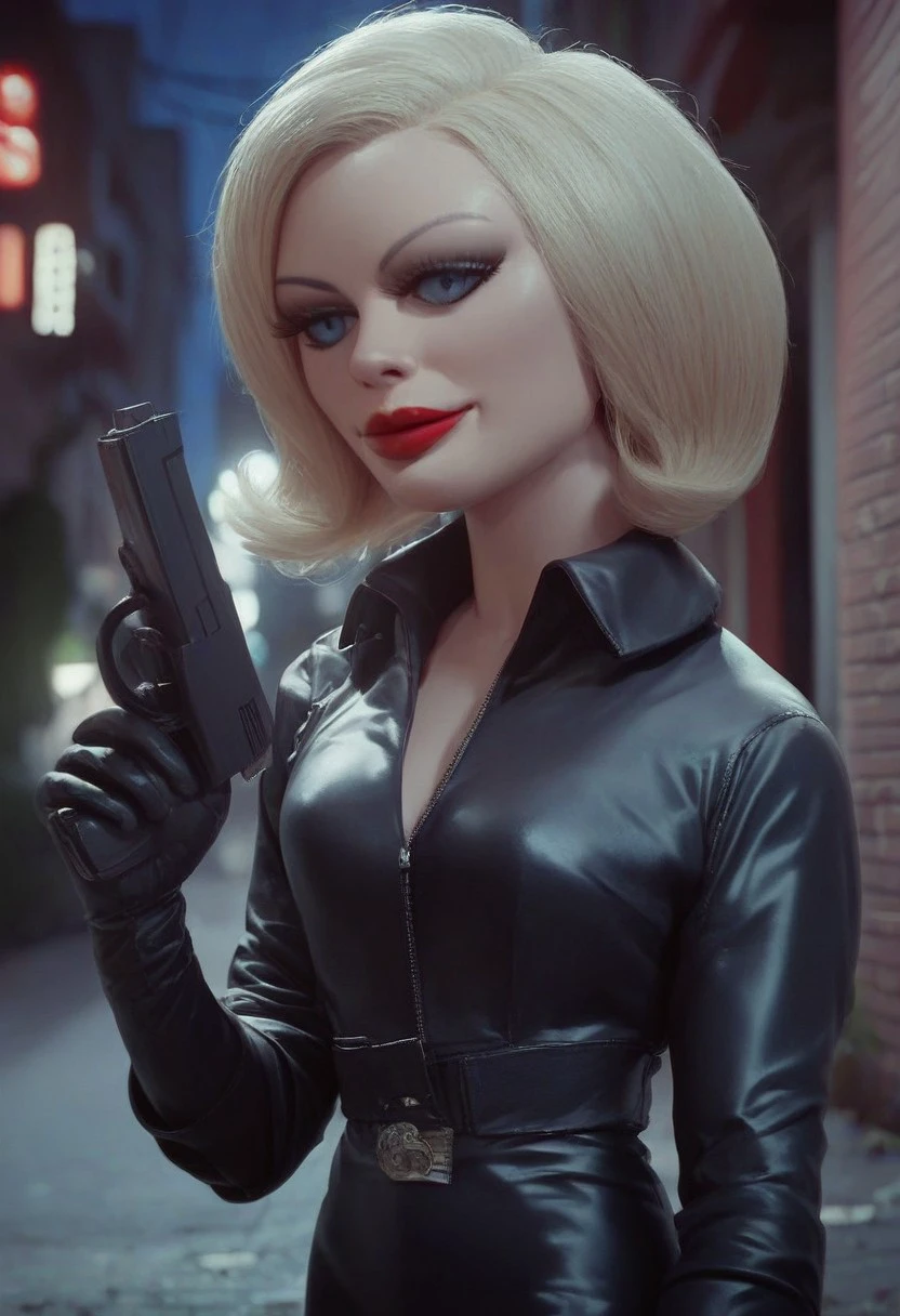 score_9_up, score_8_up, score_7_up, score_6_up, 1girl ,solo, lady_Pcw, blonde hair, short hair, blue eyes, makeup, jewelry, (black catsuit), standing in an alleyway, night, holding a pistol, red lipstick, sly smile, (painted art:1.3)