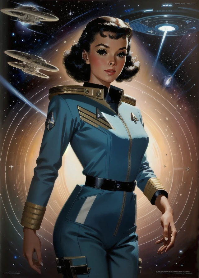 best quality,masterpiece,highly detailed,ultra-detailed, 
<lora:neg9V2_8:0.25>Star Trek
1girl, pin up magazine cover  military uniform, science fiction, spacesuit, 
 <lora:Whitcomb_V02:1> jonwhitcomb , retro artstyle