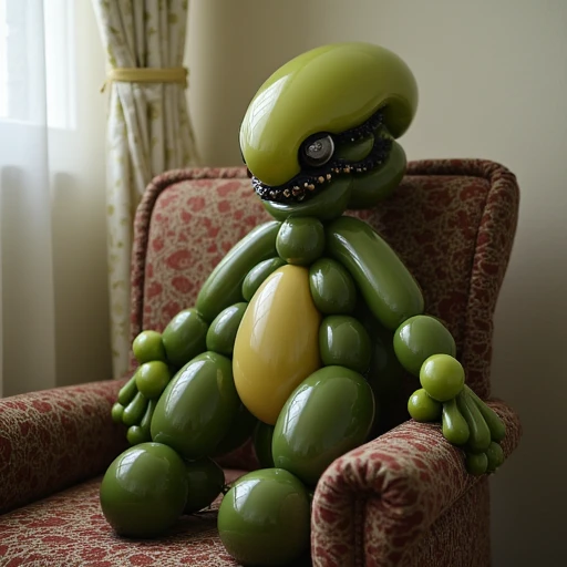 a xenomorph balloon animal, sitting on a chair