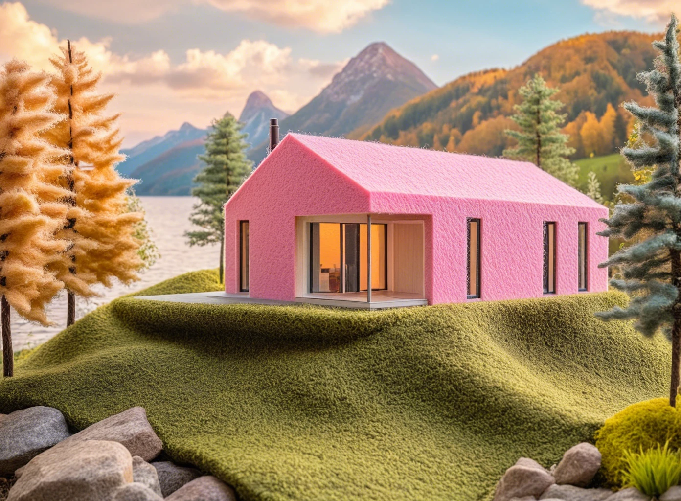 felt style, (modern colorful felt house)+, micro scene, lake, trees, flowers, high quality, high resolution, corner window, large windows, colorful, vibrant