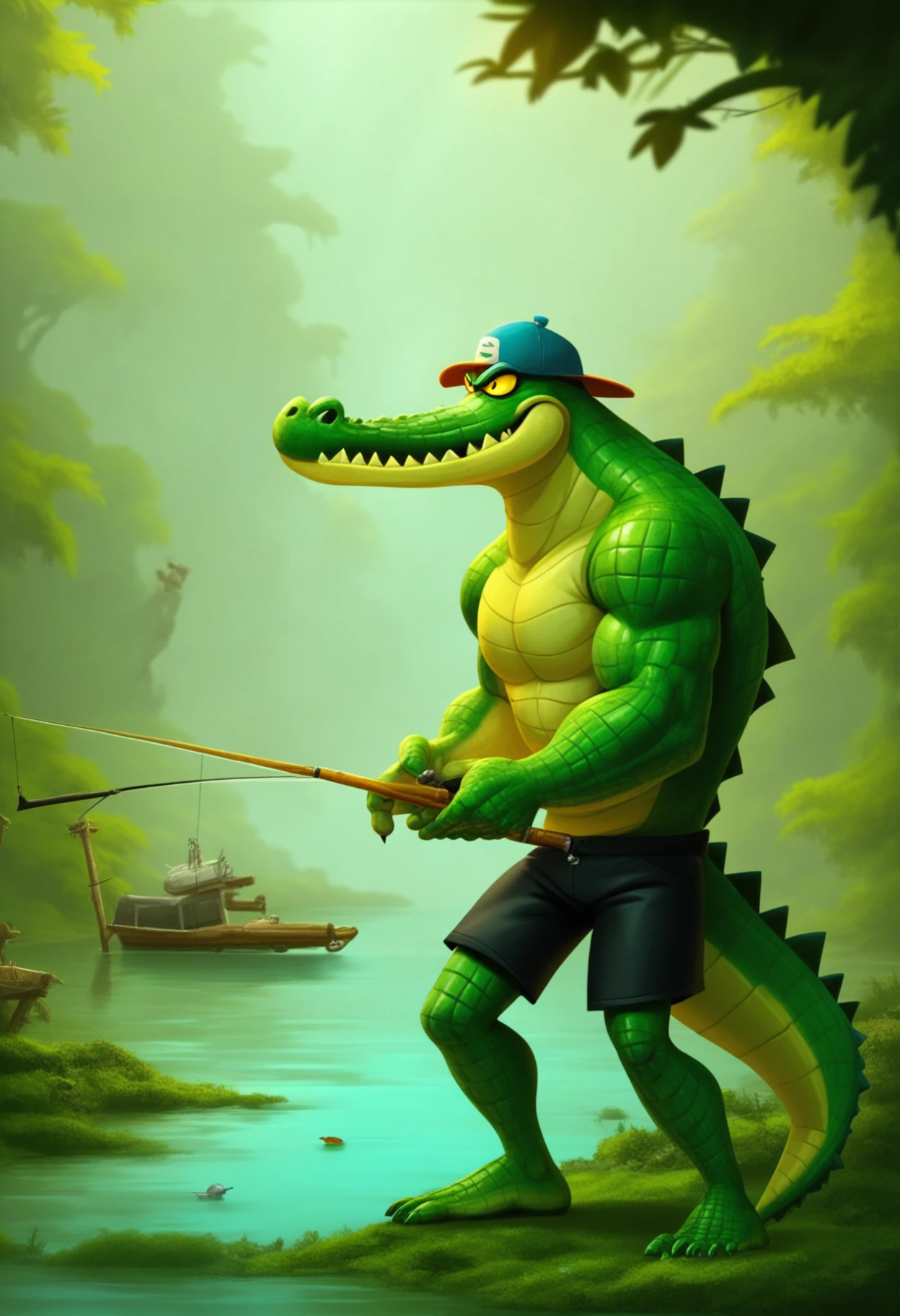 raymanstyle, safe_pos, score_9, score_8_up, score_7_up, 1boy, solo, crocodile, muscular, fishing, holding, fishing rod, swamp, baseball cap, black shorts