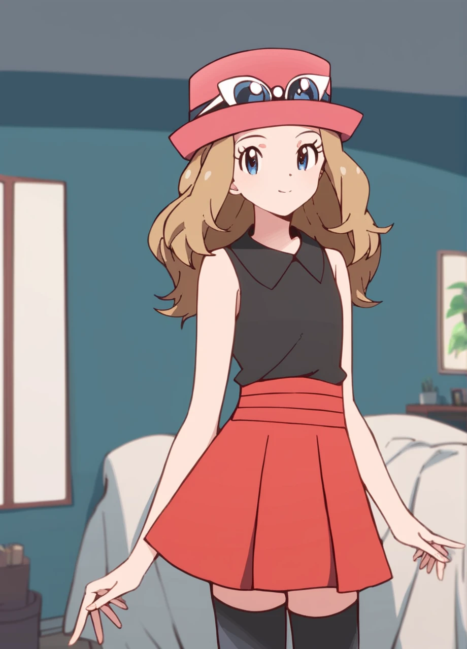 score_9, score_8_up, score_7_up, score_6_up, score_5_up, score_4_up, best quality, amazing quality, best aesthetic, absurdres, million live normal rarity style, cowboy shot, 1girl, solo, indoors, long hair, serena from pokemon, red hat, black shirt, sleeveless outfit, red skirt, black thighhighs <lora:Normal_Rarity_ML-08:0.9>