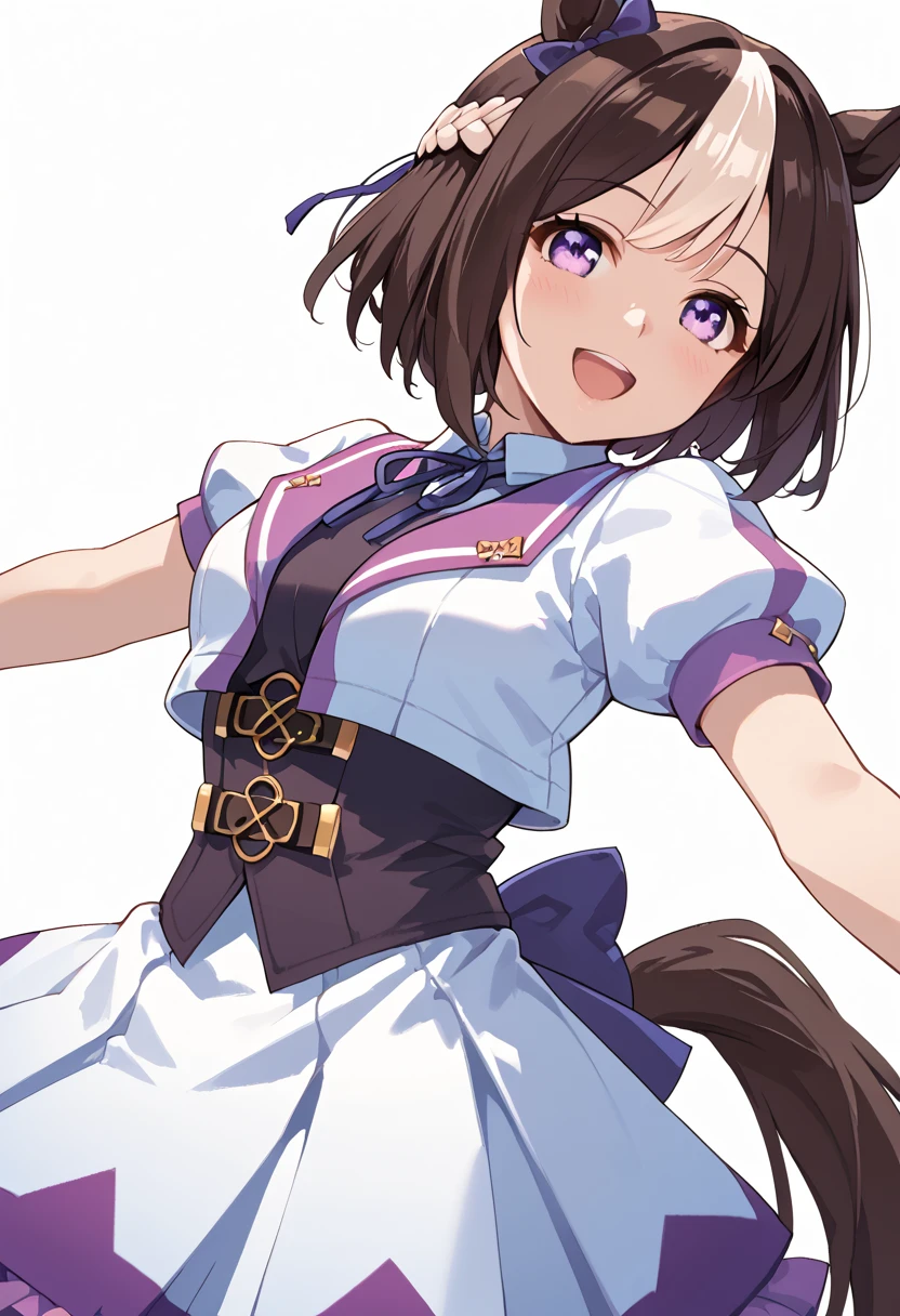 <lora:Special_Week_v2.0_Cibitai:0.8>,UMASW,horse ears,horse tail,purple eyes,hair bow,short hair,crown braid,brown hair,two-tone hair,multicolored hair,R4CE,white jacket,open jacket,vest,skirt,short sleeves,puffy sleeves,bow on back waist,white background,dutch angle, score_9, score_8_up, score_7_up,source_anime