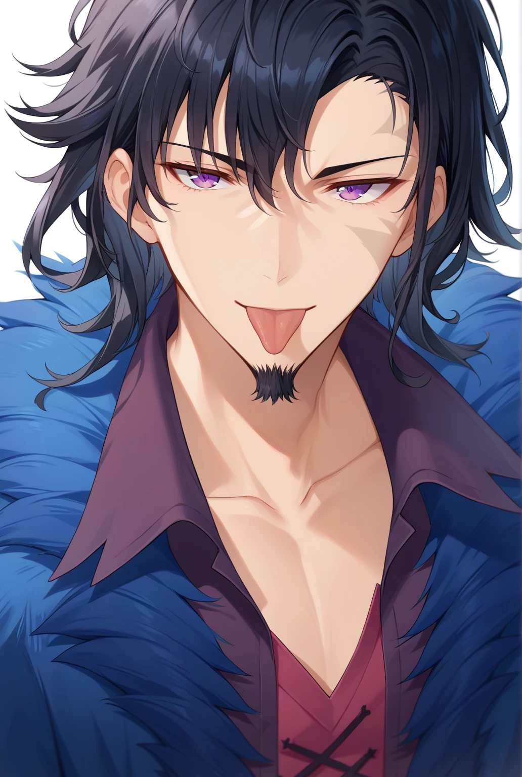 (score_9, score_8_up:1.1), score_7_up, high res image,masterpiece, ellroy harwood, 1boy, solo, black hair, medium hair, purple eyes, goatee, blue long coat, loose shirt, close-up portrait, tongue out, looking at viewer, white background