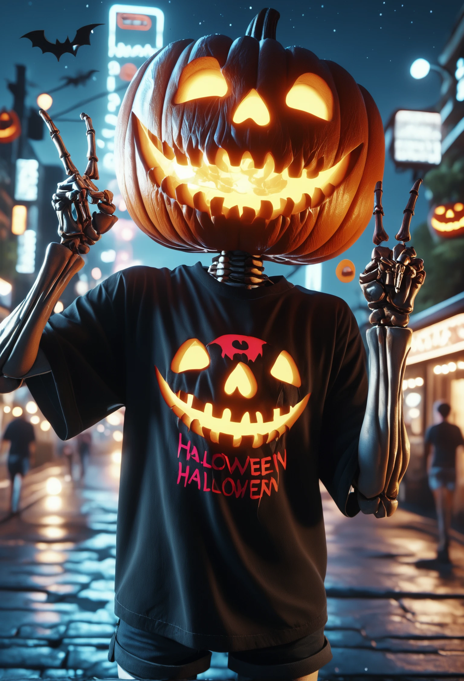 score_9, score_8_up, score_7_up, Skel-o'-lantern, jack-o'-lantern, halloween, no humans, selfie, V sign, t-shirt, shorts, camera flash, night, bats, street, neon lights, night, neon sign, glowing eyes, glowing mouth,, <lora:Skel-o'-lantern_v2:1.0>