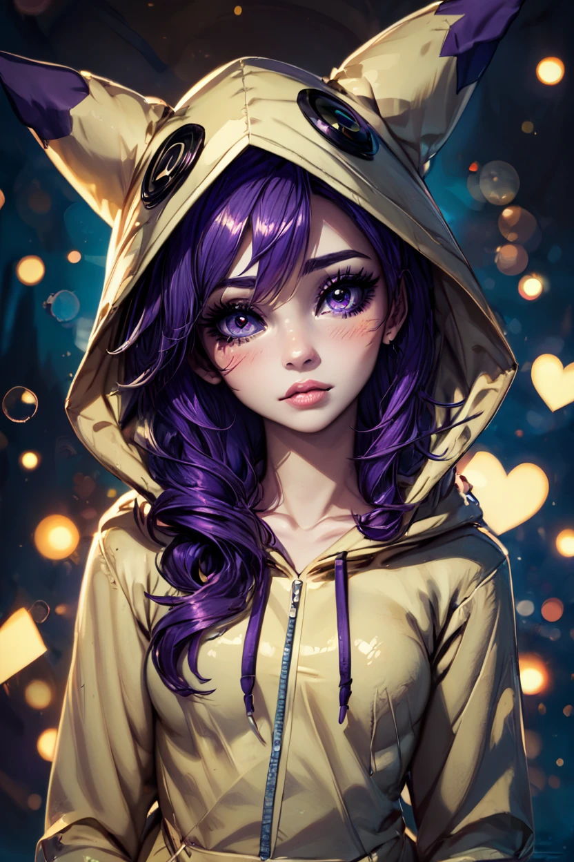 score_9, score_8_up, score_8, medium breasts, (curvy), cute, eyelashes,       BREAK, ,   zzMimikyuHoodie, hood, hood up, cosplay, mimikyu, hoodie,  long hair, purple hair, 1girl,  <lora:MimikyuHoodie_PDXL:0.8>,  , BREAK,  (ultra realistic,32k, masterpiece:1.2),(high detailed skin:1.1),( high quality:1.1), curvy, head tilt, hearts, blush, lips, closed mouth, curvy, head tilt, shiny clothes, (upper body), looking at viewer, bokeh, luminescent background, ,,, embedding:zPDXL, Expressiveh, ,,, <lora:RlAnmPDXL:1.0>,