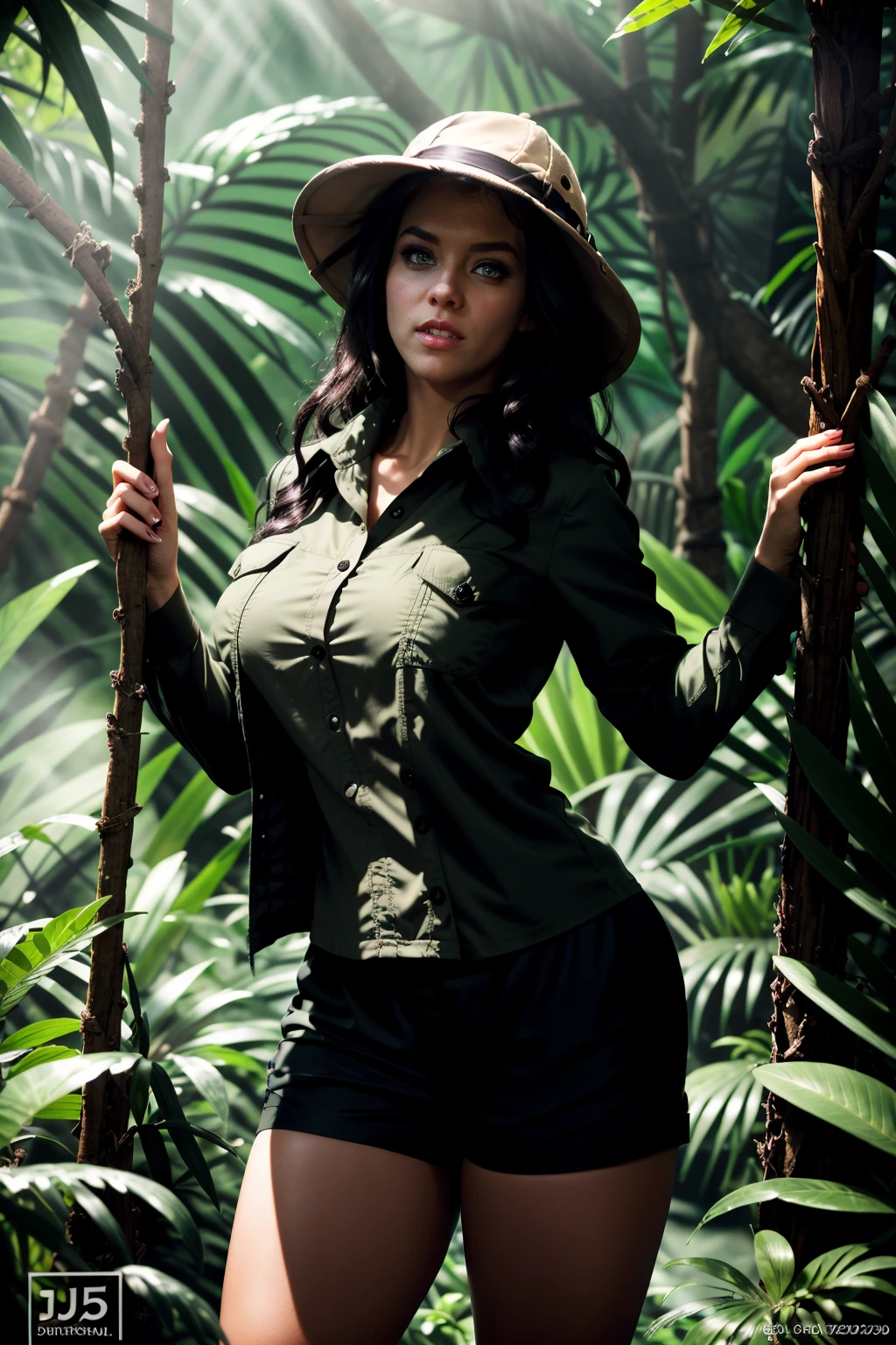 masterpiece, high resolution, cinematic, absurdres, photorealistic, realistic, 8k, volumetric. A stunning peta jensen stands by tall jungle trees, arched branches with soft light streaming in, highlighting her flawless features and captivating gaze. Her clothes are full body, she is covered from neck to toes. The deep, rich colours and delicate textures of her clothing accentuate her natural beauty, with a gentle glow highlighting her serene expression. Her hair cascades in soft waves, and her posture exudes quiet confidence. The background in a lush rainforest with thick jungle, rainforest trees, fern and mist creates an intimate, sophisticated atmosphere that celebrates her graceful allure. <lora:lora_perfecteyes_v1_from_v1_160:0.7>, photo of perfecteyes eyes, perfecteyes eyes, green eyes.  <lora:brmphFT15_p0-step00021000a:0.6> brmph, large breasts.  <lora:peta_jensen_LoRA_0.1-000004:1>, peta, peta jensen. (SFW:1.4). <lora:JungleExp:0.9>, ((JungleExpCh)), (black dress shirt:1.3), (dark brown shorts:1.3), (dark brown pants:1.3), panama hat, ((brown jacket)).