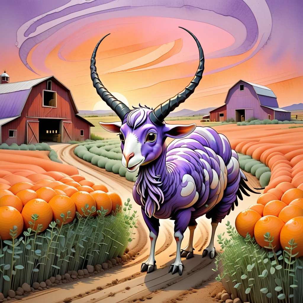 Market Vendor at the (Barn), working near a (Dirt Road) and interacting with (Turkey) using Sprayer, to produce Herbs while growing (Alfalfa) in a (a terrain covered in soft, blended colors). This scene focuses on (a whimsical animal with spiral horns), evoking a sense of innocent mischief and embracing the theme of playful self-expression. The setting is rendered with a sunset oranges blending into lavender color palette, accented by curved lines guiding motion, layered paint marks for depth and special stylistic elements like rough, tactile textures, sharp angles breaking symmetry, bold and jagged contours. The artwork is created in brushstroke art style with mediums such as thick acrylic paint, ink with bold splashes of paint, mixed media with pencil and paint.