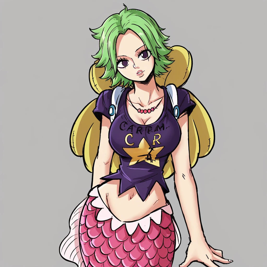 CamieOP, 1girl, solo, monster girl, mermaid, green hair, dark purple eyes, lips, short hair, large breast, jewelry, necklace, cleavage, navel, midriff, groin, shirt, crop top, scales, bracelet, print shirt, backpack, star (symbol), seductive pose,