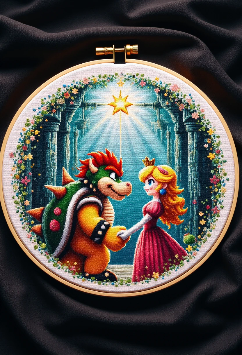 <lora:Cross_Stitcher_FLUX:0.9> 
The image is a photograph showcasing a detailed embroidery piece depicting Bowser and Princess Peach holding hands. The embroidery piece is displayed on the wall of a dark castle.