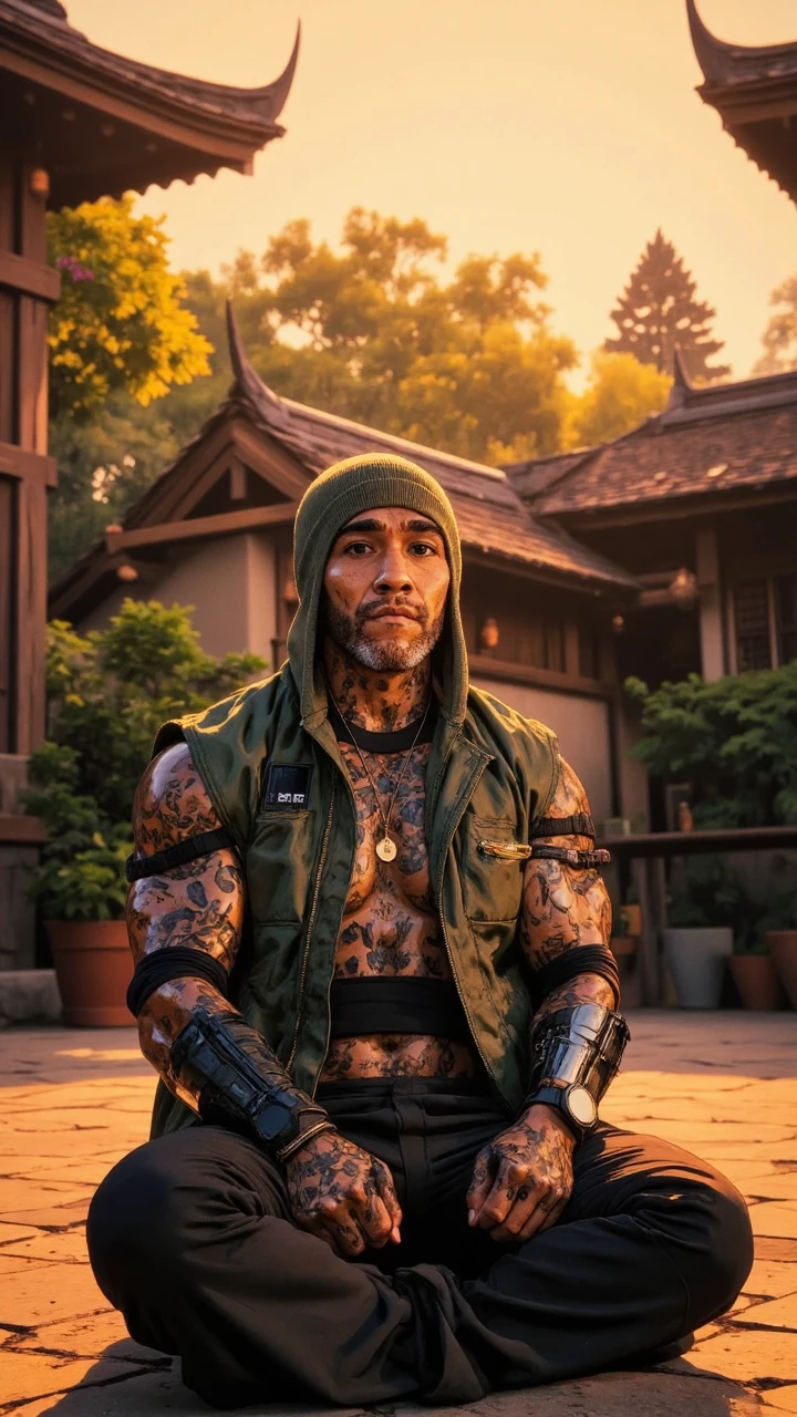 (jboogx), A full body portrait shot of a cyborg with a human face wearing a knitted beanie looking directly into the camera, sitting in a lotus posistion in the middle of a buddhist temple garden. The golden hour sky intensifies the inspiring mood, and his eyes are filled with a sense of calm. His robotic body glistens under the sun light. (epic dark fantasy style, retro anime style). ne0nfant4sy