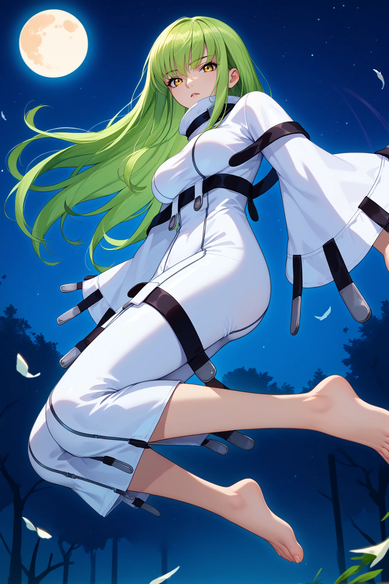 score_9, score_8_up, score_7_up, score_6_up, source_anime, 1girl, solo, <lora:cgcc-pdxl-nvwls-v1-000005:1> cgcc, green hair, very long hair, yellow eyes, white bodysuit, straitjacket, black straps, wide sleeves, big breasts, from below, floating, full body, night sky, looking at you, jumping, moon, barefoot