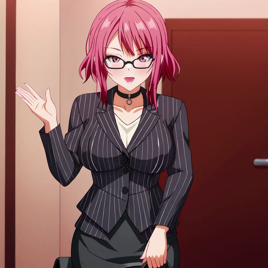 <lora:MihoNoticeThisLoveAnimation_pony_v1:.8>  Miho, 1girl,  solo,large breasts, pink hair pink eyes, short hair, bangs, cowboy shot,  <lora:0856 OL professional suit skirt 1_v1_pony:1> ruanyi0856,striped jacket,choker,black pantyhose,striped skirt,glasses,black skirt,pinstripe pattern