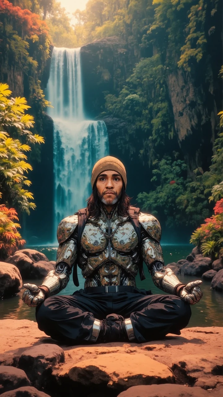 (jboogx), A full body portrait shot of a cyborg with a human face wearing a knitted beanie looking directly into the camera, sitting in a lotus posistion in the middle of a buddhist temple garden.  A waterfall is behind him. The teal and orange cinematic sky intensifies the inspiring mood, and his eyes are filled with a sense of calm. His robotic body glistens under the sun light. (epic dark fantasy style, retro anime style). ne0nfant4sy