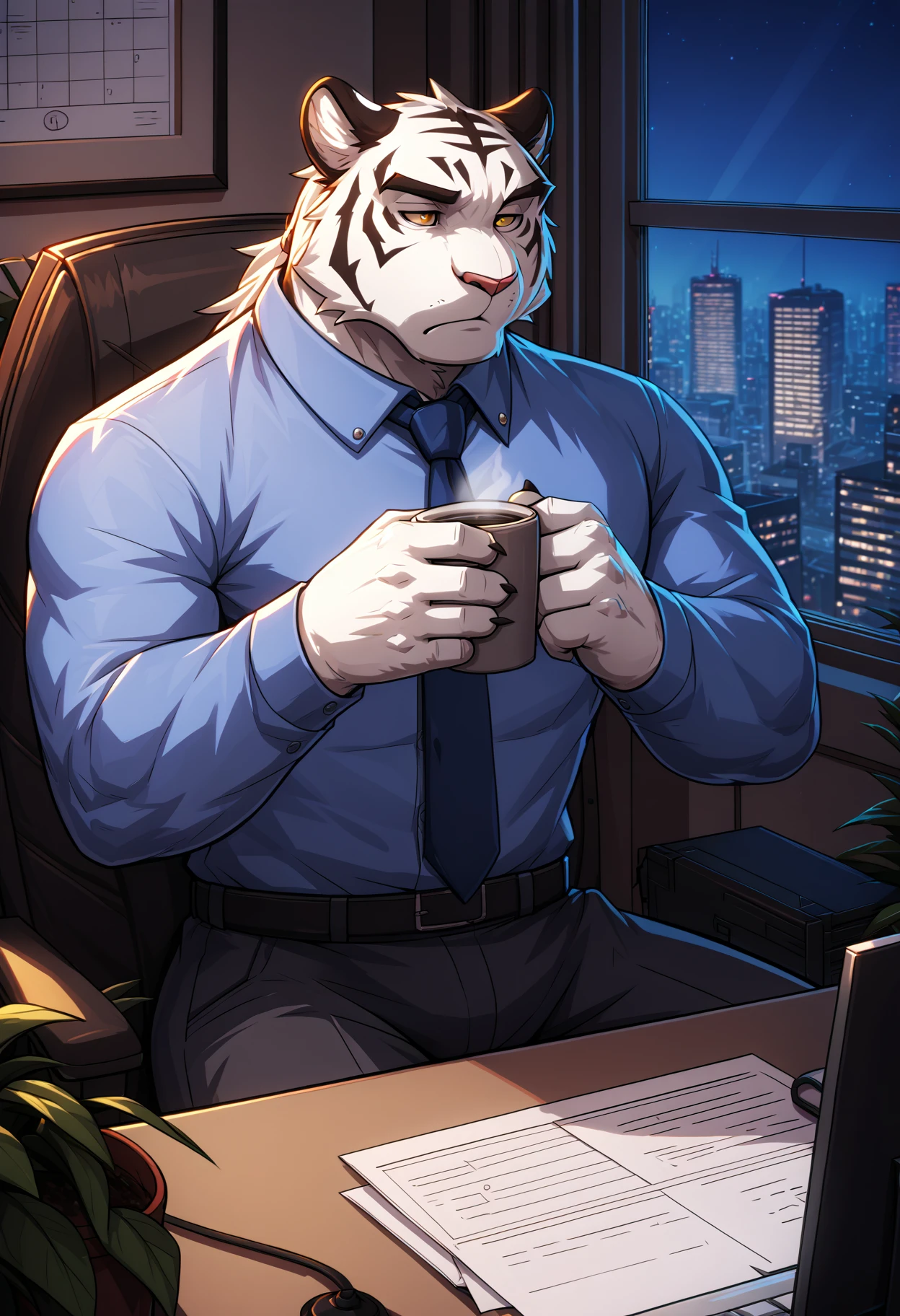 score_9, score_8_up, score_7_up, (detailed face, detailed body, detailed background, perfect anatomy, masterpiece, high quality, best quality), source_furry BREAK male focus, office, working, window, city, night, computer, sitting, white tiger, white fur, anthro, muscular, holding coffee, tired, shirt, tie, drks_style <lora:DRKS Style_V1:1>