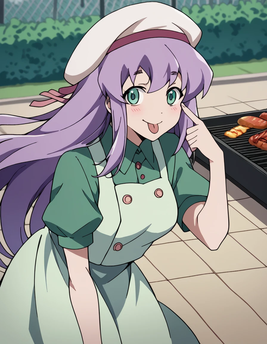 score_9, score_8_up, score_7_up, source_anime, <lora:nao-nonosaka-s1-ponyxl-lora-nochekaiser:1>, nao nonosaka, long hair, green eyes, purple hair, medium breasts,, hat, dress, beret, shirt, green shirt, collared shirt, green dress, long skirt,, backyard, barbecue, grilling, laughter, summer evening, smile, <lora:akanbe-ponyxl-lora-nochekaiser:1>, akanbe, eyelid pull, finger to eye, tongue out, :p, tongue, ;p, blush, leaning forward, bent over, from side,, looking at viewer, solo,, dutch angle, cowboy shot