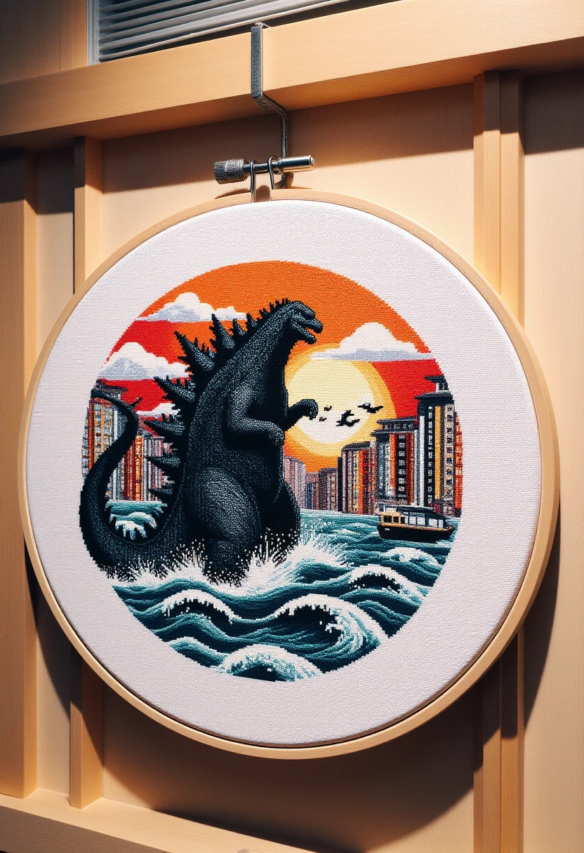 <lora:Cross_Stitcher_FLUX:0.8> 
The image is a photograph showcasing a detailed embroidery piece depicting Godzilla attacking Tokyo. The embroidery piece is displayed on a wall in a Japanese home.