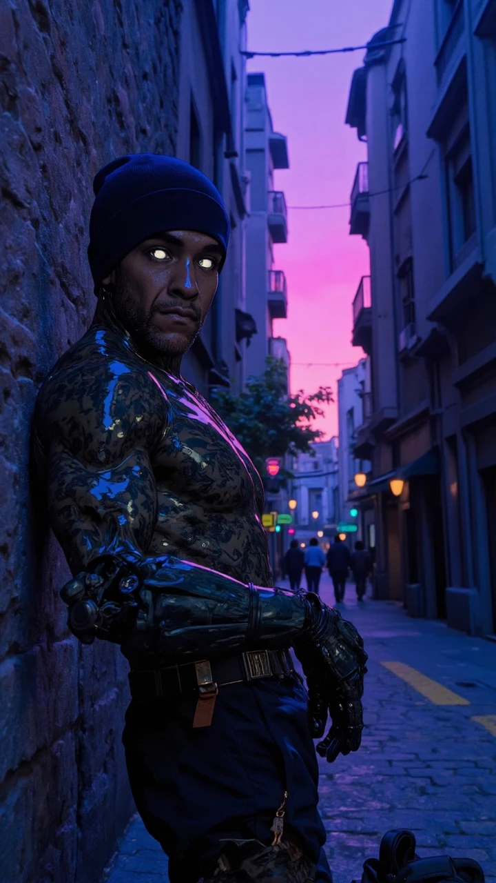 (jboogx), A cyborg with a human face wearing a knitted beanie, reclining against a wall in a dark alley. The blue and pink sky intensifies the dark mood, and his eyes are filled with a haunting intensity. His robotic body glistens under the neon light. (epic dark fantasy style, retro anime style). ne0nfant4sy