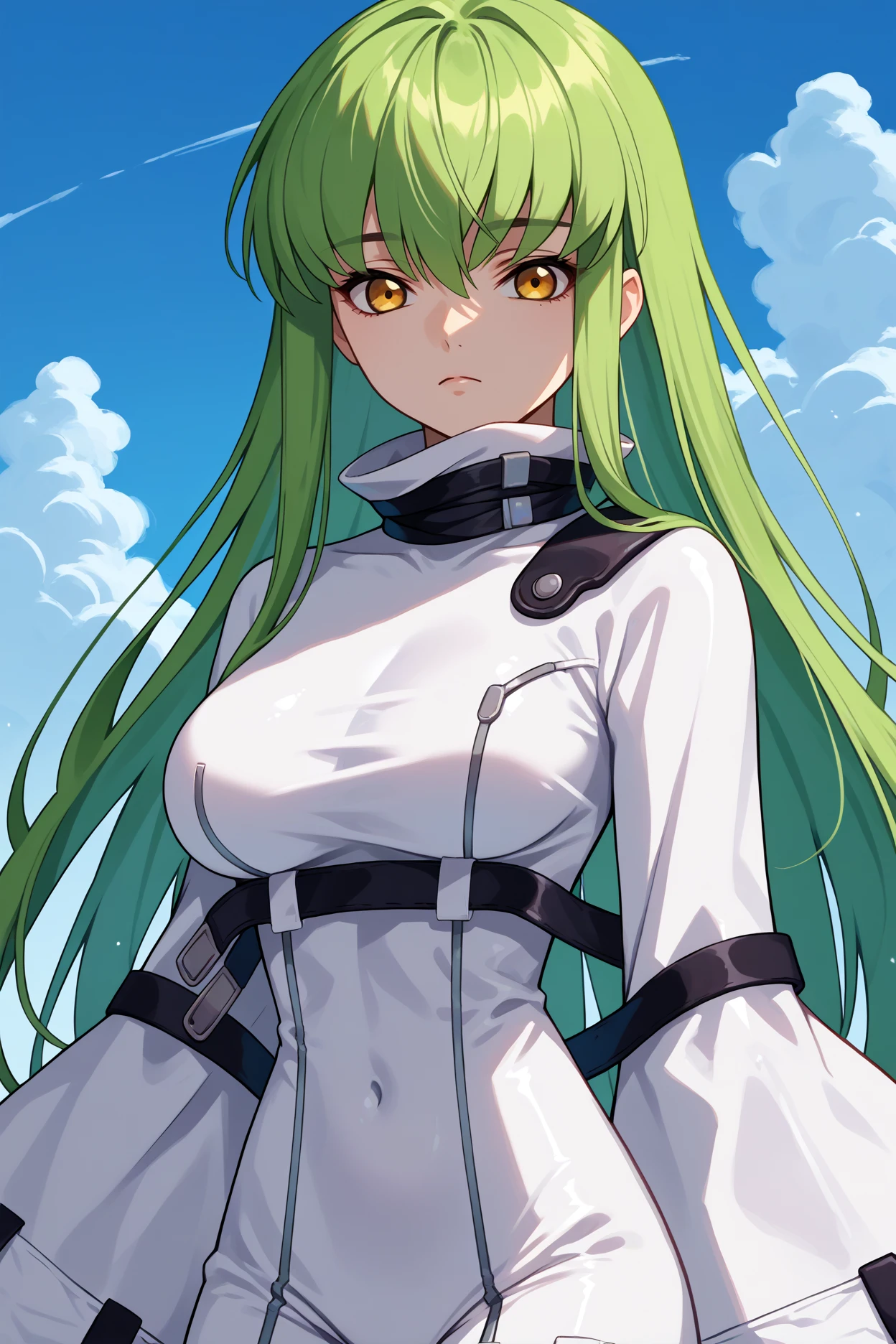 score_9, score_8_up, score_7_up, score_6_up, source_anime, 1girl, solo, <lora:cgcc-pdxl-nvwls-v1-000005:1> cgcc, green hair, very long hair, yellow eyes, white bodysuit, straitjacket, black straps, wide sleeves, big breasts, upper body, looking at you, blue sky, clouds, covered navel, portrait, from above, expressionless