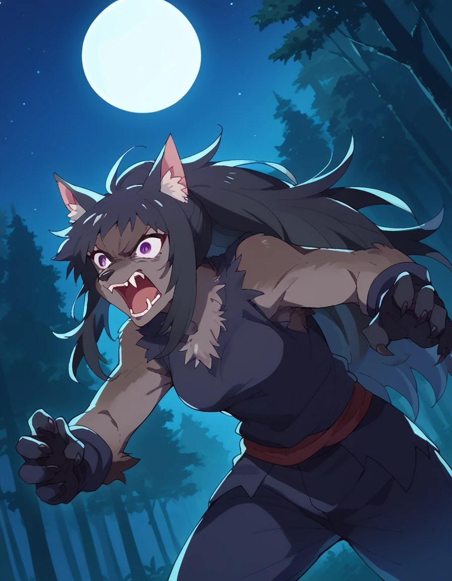 score_9, score_8_up, score_7_up, source_anime, <lora:kyou-nekozaki-s1-ponyxl-lora-nochekaiser:1>, kyou nekozaki, long hair, black hair, purple eyes, medium breasts,, <lora:werewolf-ponyxl-lora-nochekaiser:1>, werewolf, furry, fangs, animal ears, gloves, angry, teeth, animal ear fluff,, forest, night, moon, open mouth, , dutch angle, cowboy shot