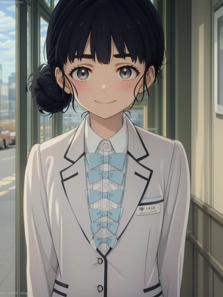 ((masterpiece)),(best quality),official art,extremely delicate and beautiful,extremely detailed CG,unity 8k wallpaper,ultra detailed,beautiful detailed eyes,extremely detailed face,outdoors,1girl,solo,upper body,(portrait:1.5),looking at viewer,facing viewer,smile,blush,Basori Tiara,short hair,black hair,single hair bun,blunt bangs,grey eyes,blue bowtie,school uniform,grey jacket,blazer,collared shirt,dress shirt,white shirt,long sleeves,small breasts,grey skirt,pleated skirt,black pantyhose,uwabaki,white footwear,<lora:Basori Tiara(tmlh):1.8>,