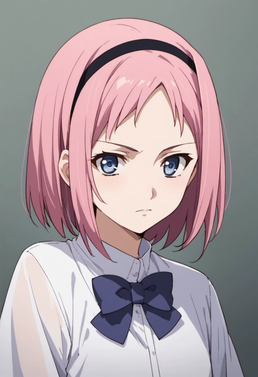 score_9, score_8_up, score_7_up, source_anime, kazumi schlierenzauer, pink hair, blue eyes, short hair, hairband, 1girl, solo, bow, school uniform, anime coloring