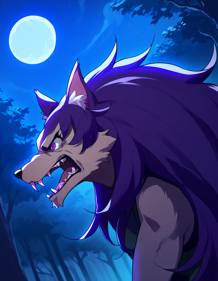 score_9, score_8_up, score_7_up, source_anime, <lora:minene-uryuu-s1-ponyxl-lora-nochekaiser:1>, minene uryuu, long hair, purple eyes, purple hair, large breasts,, <lora:werewolf-ponyxl-lora-nochekaiser:1>, werewolf, furry, fangs, animal ears, gloves, angry, teeth, animal ear fluff,, forest, night, moon, open mouth, , dutch angle, cowboy shot