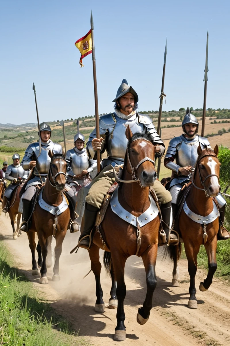 hires digital photo, photorealism, photo, group of males <lora:Milanese_Armor:1> wearing conquistadorarmor and morions, on horseback, riding across a spanish countryside, intricate details, high resolution,, SDXL_Overall_Detail