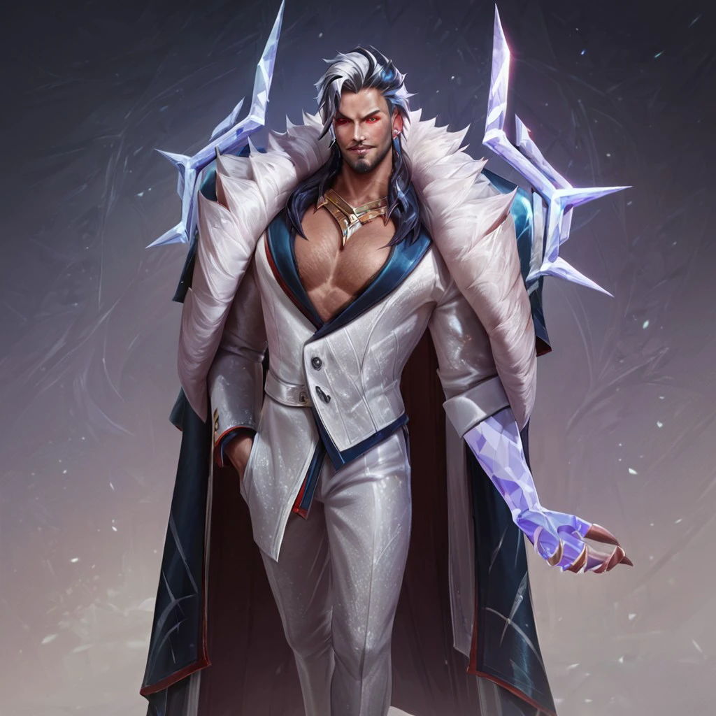 score_9, score_8_up, score_7_up concept art, digital art, realistic, portrait, 1 boy, PrestigeChosenOfTheWolfSwain,  crystal hand, suit, white suit, crystal arm, cleavage, mulit colored hair,