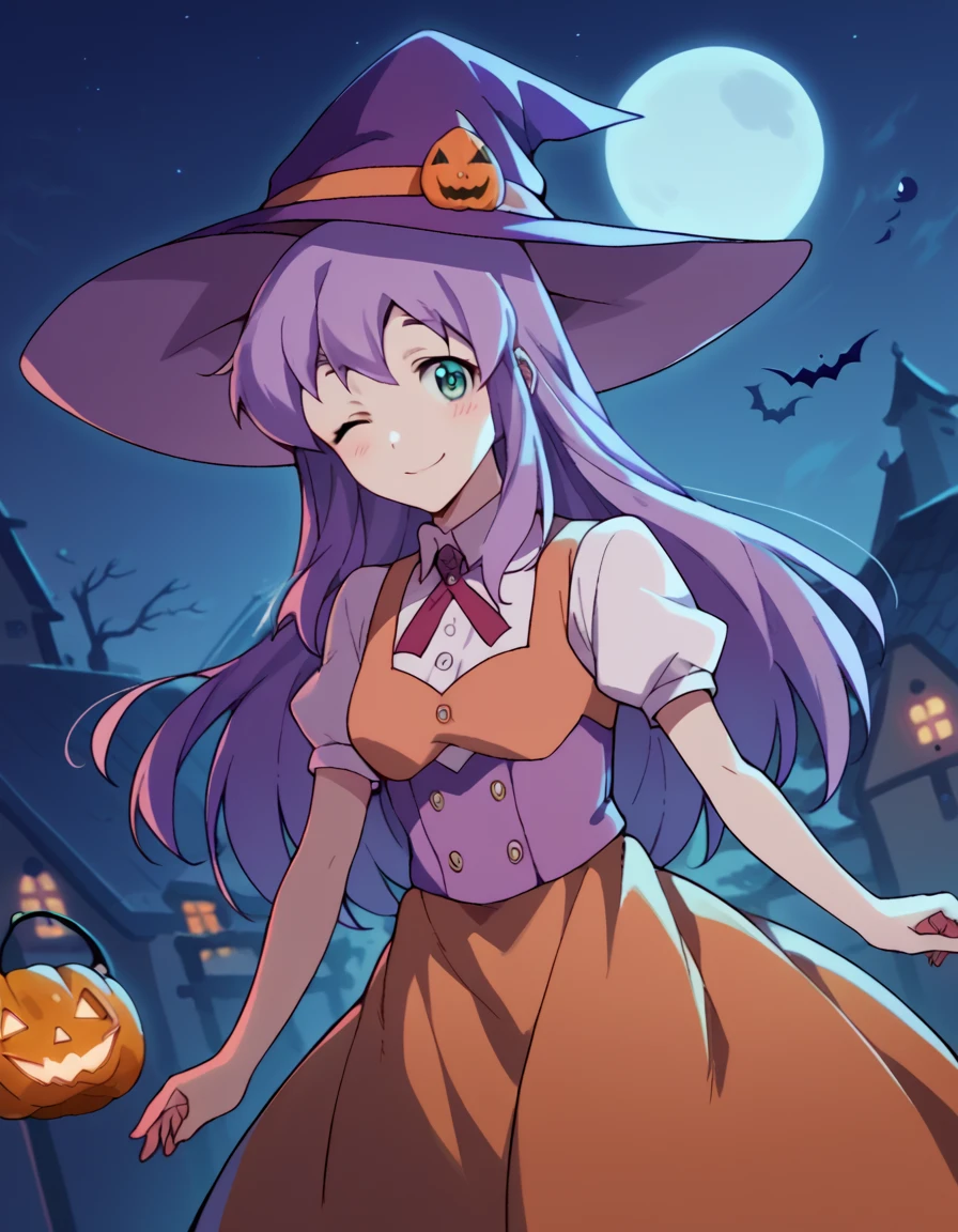 score_9, score_8_up, score_7_up, source_anime, <lora:nao-nonosaka-s1-ponyxl-lora-nochekaiser:1>, nao nonosaka, long hair, green eyes, purple hair, medium breasts,, <lora:witch-ponyxl-lora-nochekaiser:1>, witch, hat, witch hat, dress, halloween, halloween costume, jewelry,, night, moon, blush, smile, one eye closed,, , dutch angle, cowboy shot