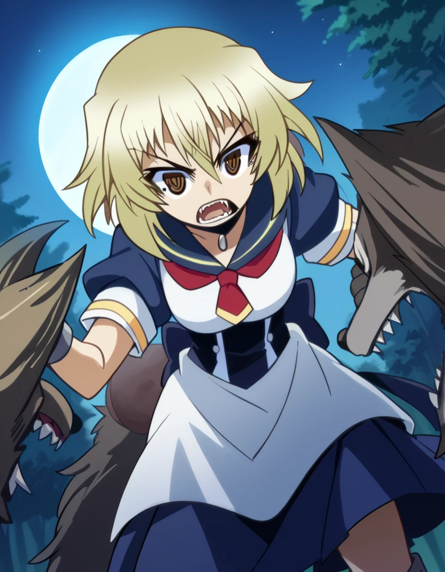 score_9, score_8_up, score_7_up, source_anime, <lora:myouga-unzen-s2-ponyxl-lora-nochekaiser:1>, myouga unzen, short hair, blonde hair, brown eyes, medium breasts,, <lora:werewolf-ponyxl-lora-nochekaiser:1>, werewolf, furry, fangs, animal ears, gloves, angry, teeth, animal ear fluff,, forest, night, moon, open mouth, , dutch angle, cowboy shot