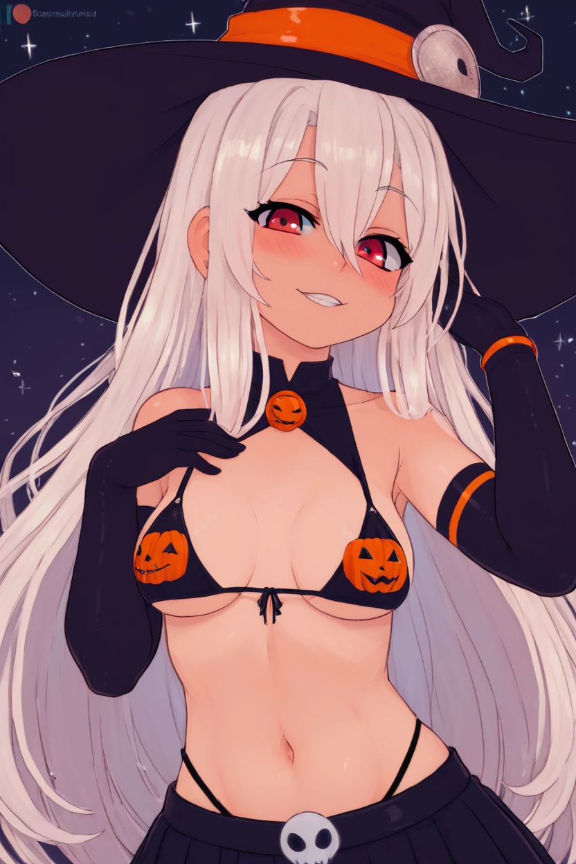 score_9, score_8_up, score_8, medium breasts, (curvy), cute, eyelashes,       ,,, , ,,, zzPumpkinIllyaCitron, hair between eyes, red eyes, long hair, very long hair, white hair, witch hat, elbow gloves, navel, black skirt, halloween costume, bikini top only,  <lora:PumpkinIllya_PDXL:0.8>,     ,,,, BREAK, smile, looking at viewer, cowboy shot, ,,, embedding:zPDXL, Expressiveh, ,,, <lora:Zankuro_Style_PDXL:0.8> <lora:SDXLFaeTastic2400:0.5>, <lora:Expressive_H-000001:0.4>,