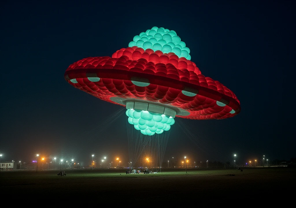 <lora:Balloon_Sculptures:1>  balloon sculpture, large, flying saucer, ufo, in the sky, at night