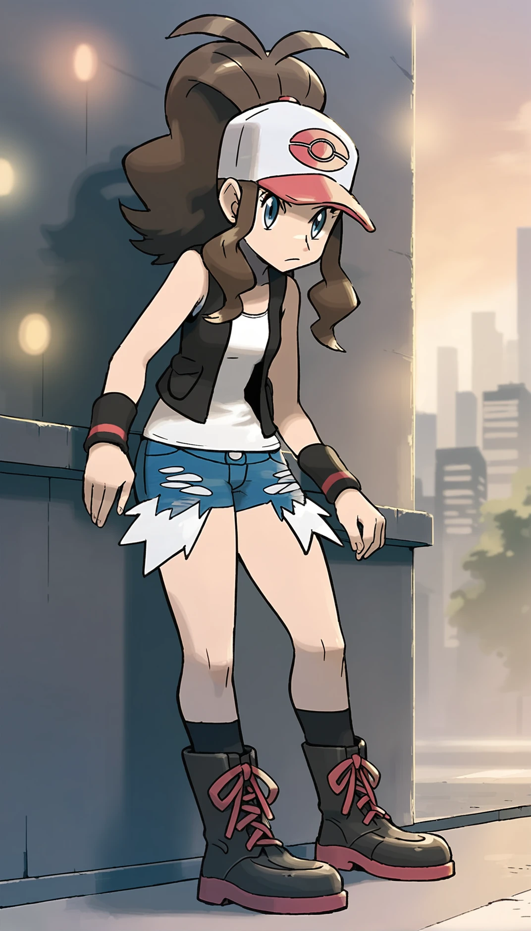 score_9,score_8_up,score_7_up,
<lora:hilda:0.9>,
bwhilda,
1girl,solo,
brown hair,high ponytail,
blue eyes,serious,red and white cap,
black vest,white tank top under the vest,blue denim shorts,black wristbands,
black boots,black socks under boots,
full body,
outdoors,city,skyscraper,len flare,lights particle,