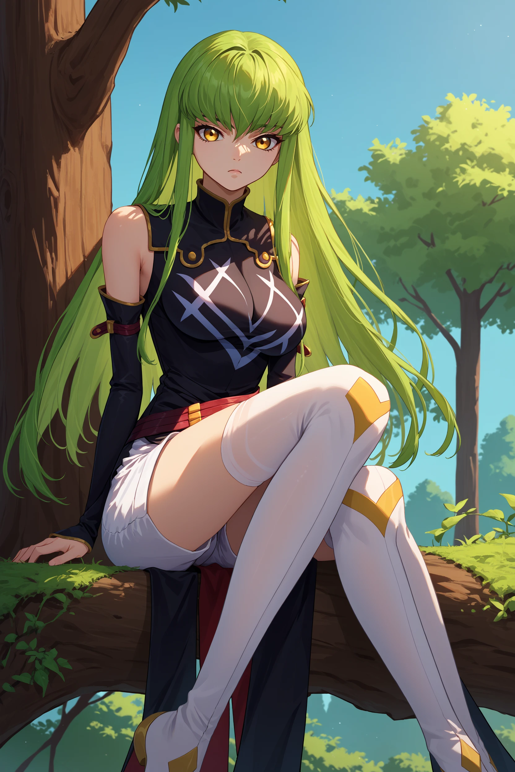 score_9, score_8_up, score_7_up, score_6_up, source_anime, 1girl, solo, <lora:cgcc-pdxl-nvwls-v1-000005:1> cgcc, green hair, very long hair, yellow eyes, black dress, sleeveless dress, arm warmers, black sleeves, red belt, white shorts, white thighhighs, big breasts, looking at you, expressionless, blue sky, trees, sitting