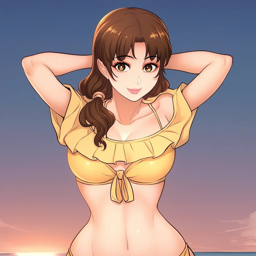 score_9, score_8_up, score_7_up, ASCII masterpiece, source_anime, BREAK, 1girl, solo, (( <lora:min-ji:1> , min-ji, thin waist, wide hips, beautiful skin, piercing light brown eyes, clear eyes, bright pupils, beautiful eyes, beautiful light brown hair, low tied hair, hair over shoulder, bangs, huge and shaggy breasts, natural beauty, extraordinary beautiful woman, attractive woman, super sexy woman, lustful body, sexy woman with seductive obscene body, sensual body, voluptuous body, sexy beauty, no piercings, no piercing, )) , ((sexy frilled yellow bikini top, sexy yellow bikini bottom, )) , looking at viewer, sexy pose, cowboy shot, seducative smile, sexy, hands behind head, beach bar, tropical beach, summer,