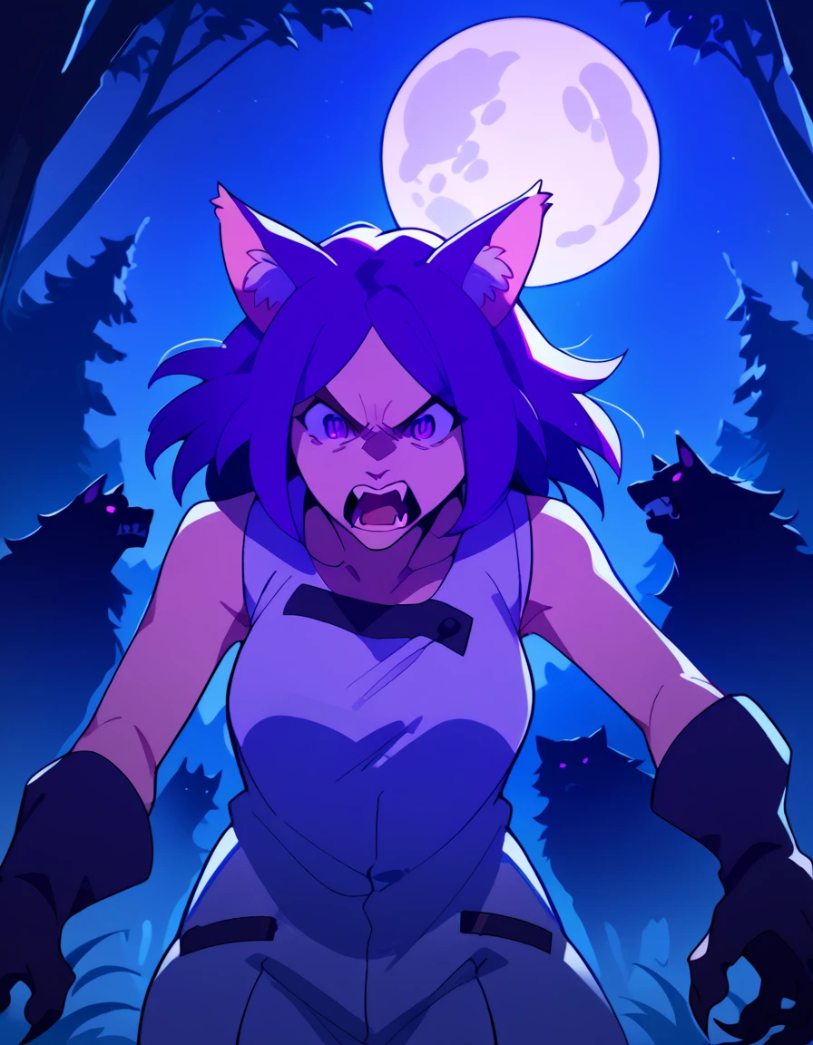 score_9, score_8_up, score_7_up, source_anime, <lora:ai-mikami-s1-ponyxl-lora-nochekaiser:1>, ai mikami, purple hair, purple eyes, medium hair, medium breasts,, <lora:werewolf-ponyxl-lora-nochekaiser:1>, werewolf, furry, fangs, animal ears, gloves, angry, teeth, animal ear fluff,, forest, night, moon, open mouth, , dutch angle, cowboy shot