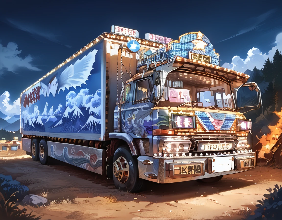 score_9, score_8_up, score_7_up, source_real,realistic, photorealistic, BREAK 
Dekotora, ground vehicle, motor vehicle, vehicle focus, cloud, outdoors, scenery, night Mountain, Darkness <lora:BDpony_Dekotora_V1-6048:1>