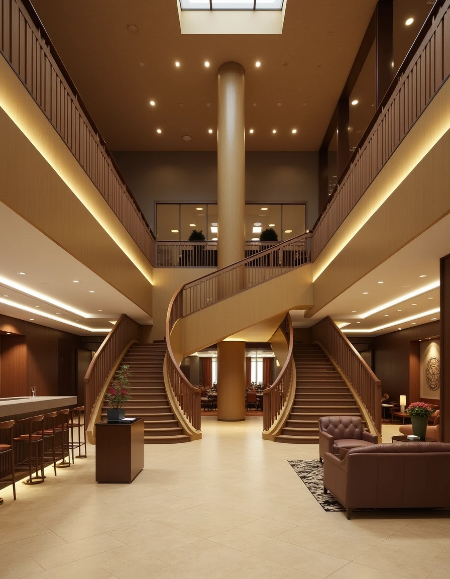 liminal space at the restaurant and hotel lobby with staircases, lifts and arcades