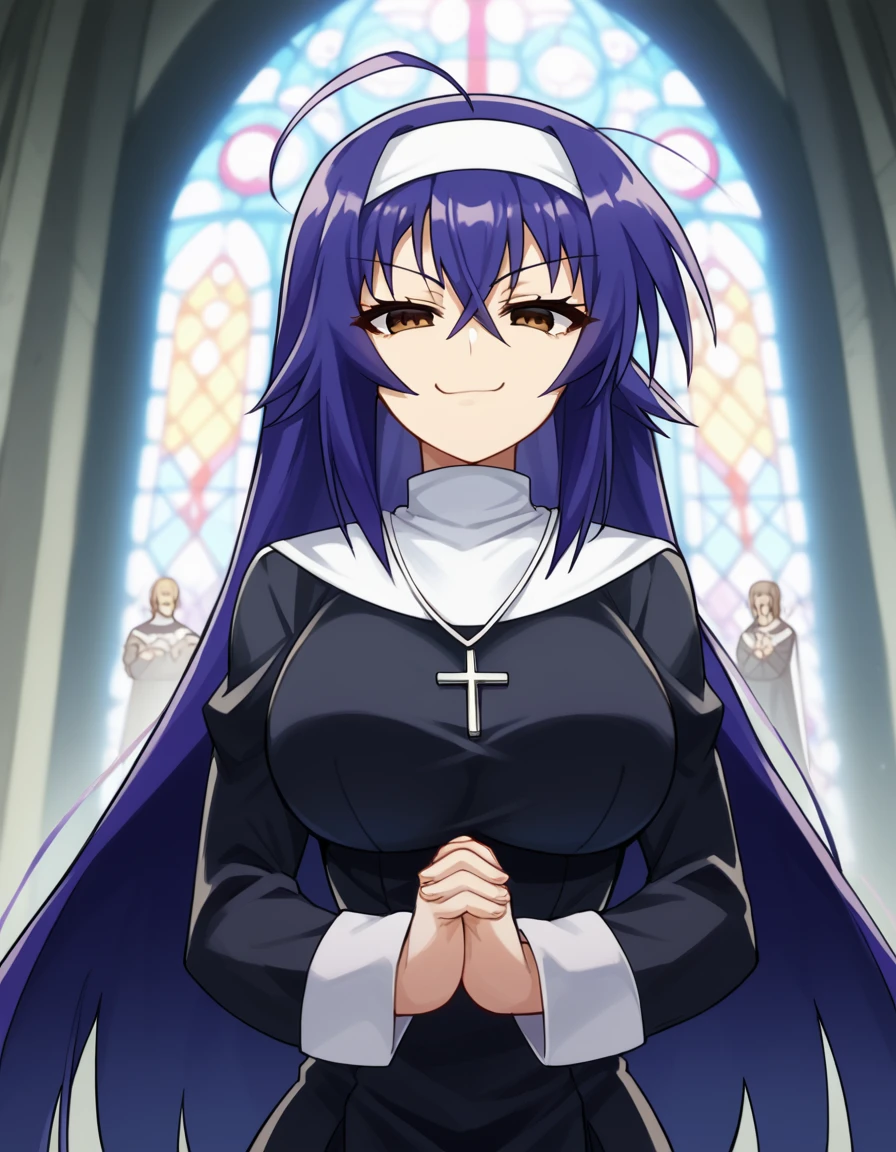 score_9, score_8_up, score_7_up, source_anime, <lora:medaka-kurokami-s2-ponyxl-lora-nochekaiser:1>, medaka kurokami, long hair, large breasts, blue hair, ahoge, brown eyes,, <lora:traditional-nun-ponyxl-lora-nochekaiser:1>, traditional nun, nun, habit, long sleeves, dress, black dress, jewelry, black veil, cross, cross necklace,, church, smug, praying,, , dutch angle, cowboy shot