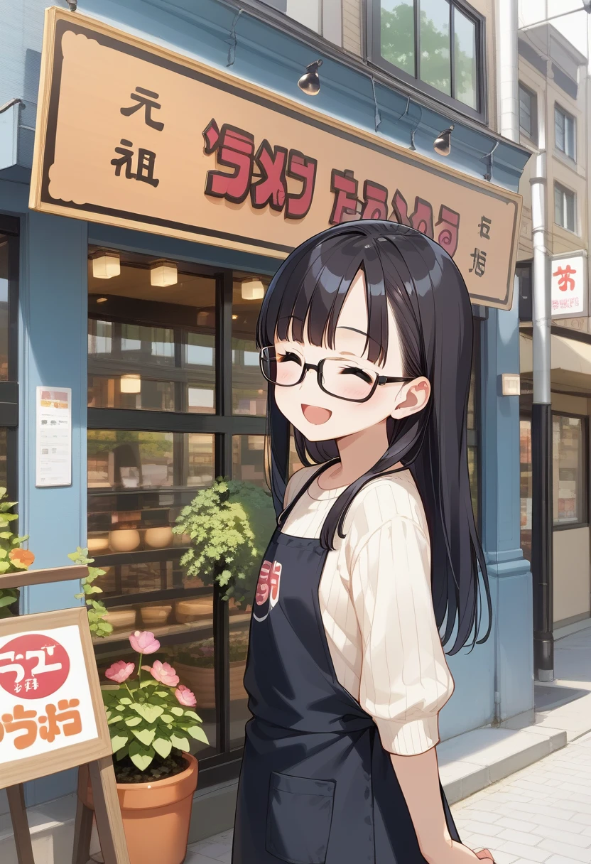 score_9, score_8_up, score_7_up, rating_safe, masterpiece, best quality, absurdres, unity 8k wallpaper, official art, official style, source_anime, uncensored, game cg, megami magazine,
1girl, solo, glasses, black hair, long hair, white ribbed sweater, black apron,  happy, smile, looking at viewer, closed eyes, open mouth, solo focus, 
ramentarou, storefront,  plant, sign, outdoors, potted plant, road, street, building, shop, tree, city, window, flower pot
 <lora:ramen_taro_pony_V1:0.8>