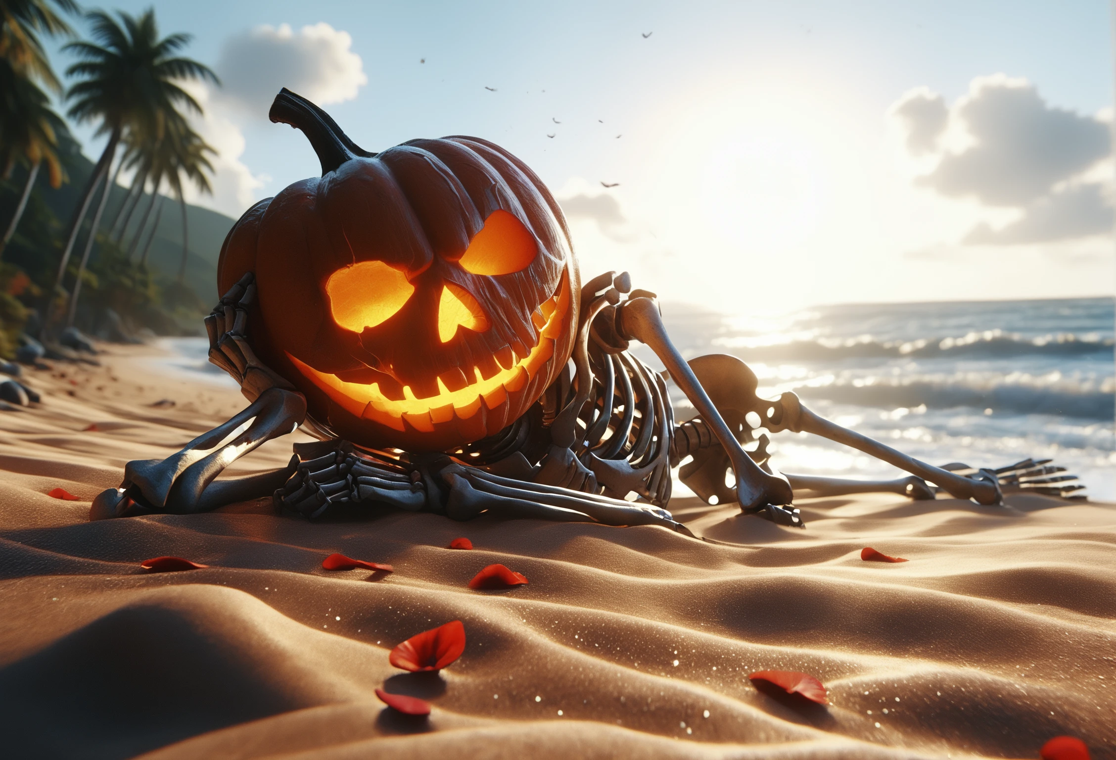 score_9, score_8_up, score_7_up, Skel-o'-lantern, lying, on side, hand on own head, on sand, beach, palm_tree, falling_petals, dappled_sunlight, sun glare, glowing eyes, glowing mouth,, <lora:Skel-o'-lantern_v2:1.0>