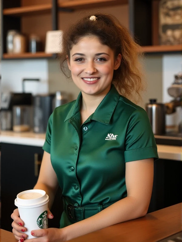 Raffaela_Anderson is a woman. She is working in a starbuck. She wears a starbuck uniform and serves coffee<lora:Raffaela_Anderson:0.9>