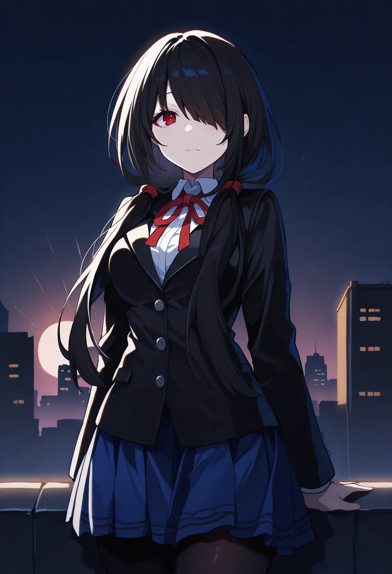 masterpiece, best quality, 1girl, solo, KrmiSch, black hair, low twintails, hair over one eye, red eye, black jacket, blue skirt, neck ribbon, red ribbon, black pantyhose, outdoors, rooftop, night, dark theme, moon, dark, starry sky, cityscape, skyline, backlighting, light rays, <lora:ChamKurumiIllustriousXL:1>