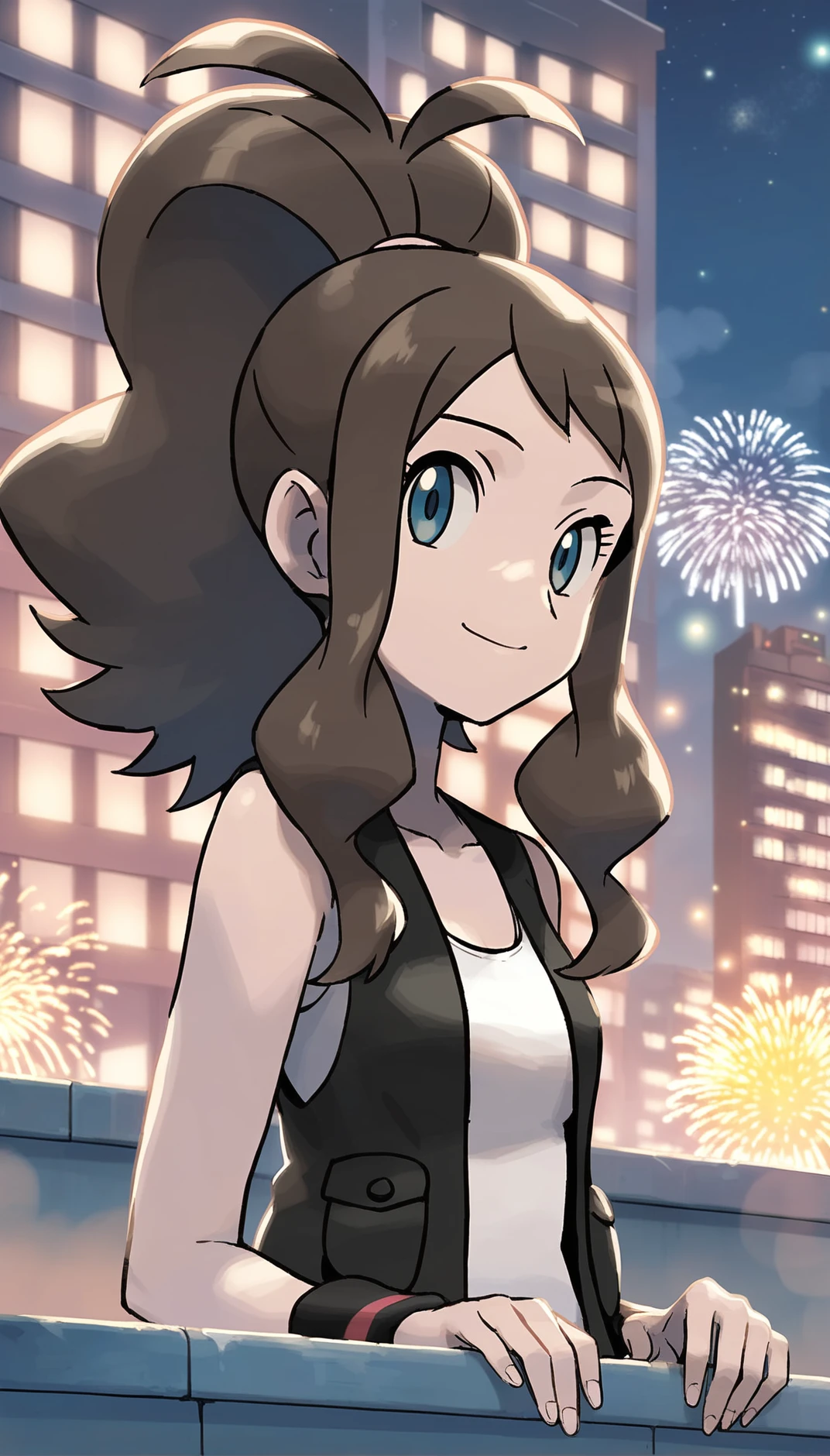 score_9,score_8_up,score_7_up,
<lora:hilda:0.9>,
bwhilda,
1girl,solo,
brown hair,high ponytail,hair tie,
looking at viewer,blue eyes,smile,
black vest,white tank top under the vest,
portrait,on roof top,
outdoors,city,skyscraper,len flare,lights particle,night,fog,rim light,starry sky,warm,fireworks,buildings,