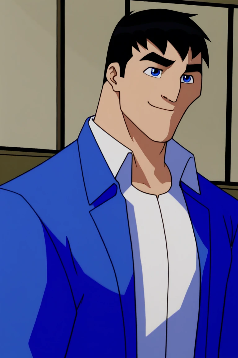 the_bruce, solo, smile, short hair, blue eyes, shirt, black hair, 1boy, closed mouth, jacket, white shirt, upper body, male focus, open clothes, collared shirt, indoors, thick eyebrows, blue jacket