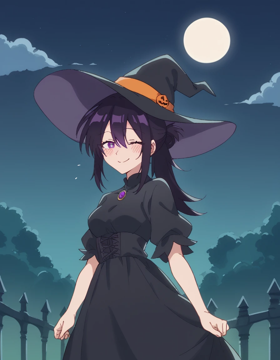 score_9, score_8_up, score_7_up, source_anime, <lora:motoko-izumi-s1-ponyxl-lora-nochekaiser:1>, motoko izumi, long hair, black hair, hair between eyes, purple eyes, ponytail, medium breasts,, <lora:witch-ponyxl-lora-nochekaiser:1>, witch, hat, witch hat, dress, halloween, halloween costume, jewelry,, night, moon, blush, smile, one eye closed,, , dutch angle, cowboy shot