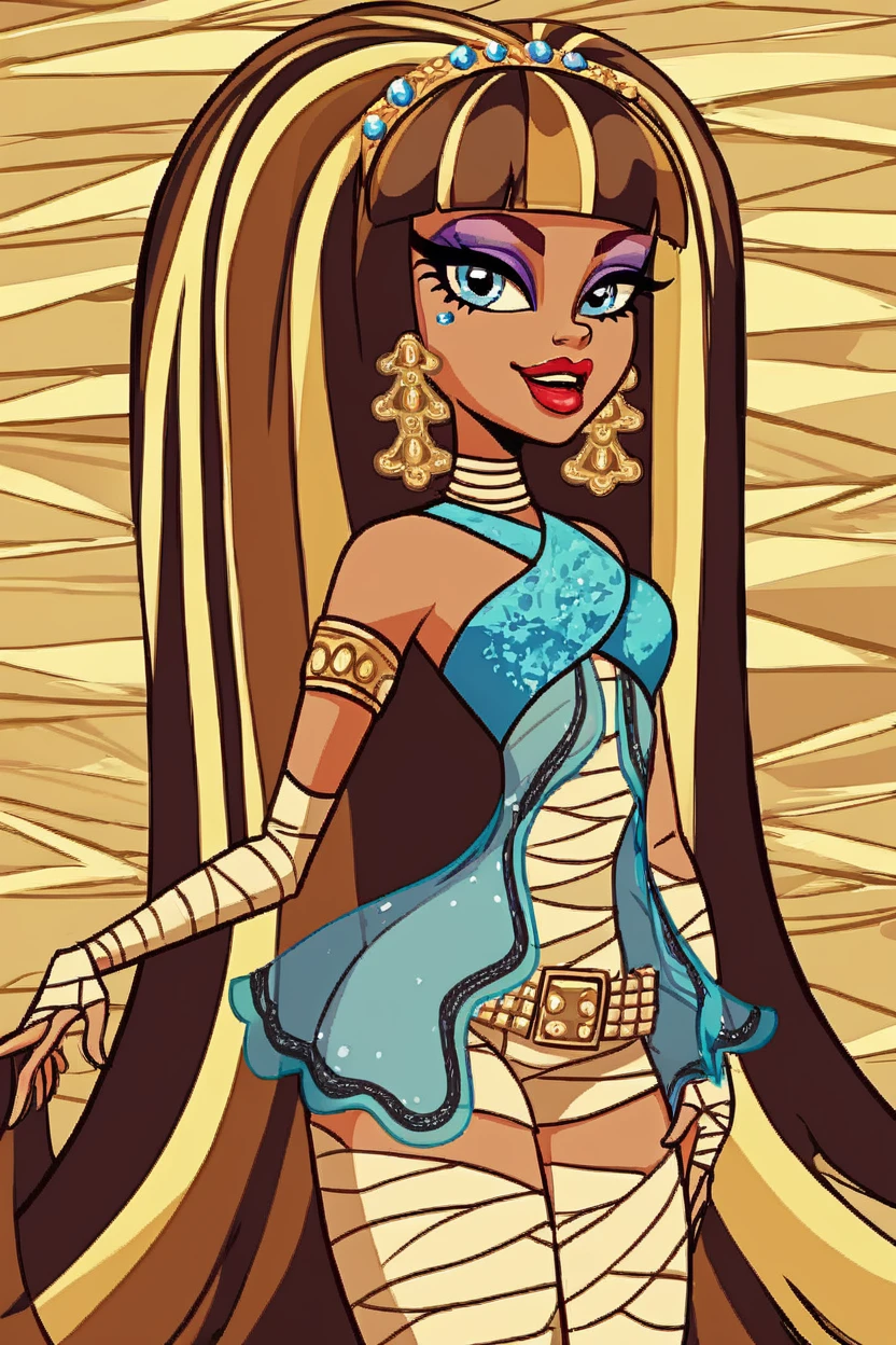 score_9, score_8_up, score_8, medium breasts, (curvy), cute, eyelashes, BREAK, , zzCleo, long hair, multicolored hair, dark skin, blunt bangs, bangs, two-tone hair, black hair, blonde hair, streaked hair, eyeliner, very long hair, brown hair, makeup, lipstick, bandages, mummy costume, jewelry, earrings, eyeshadow, dress, armlet, red lips, <lora:Cleo_MH_PDXL:0.8>, , BREAK, smile, looking at viewer, cowboy shot, ,,, embedding:zPDXL, <lora:DiivesP1:0.8>,