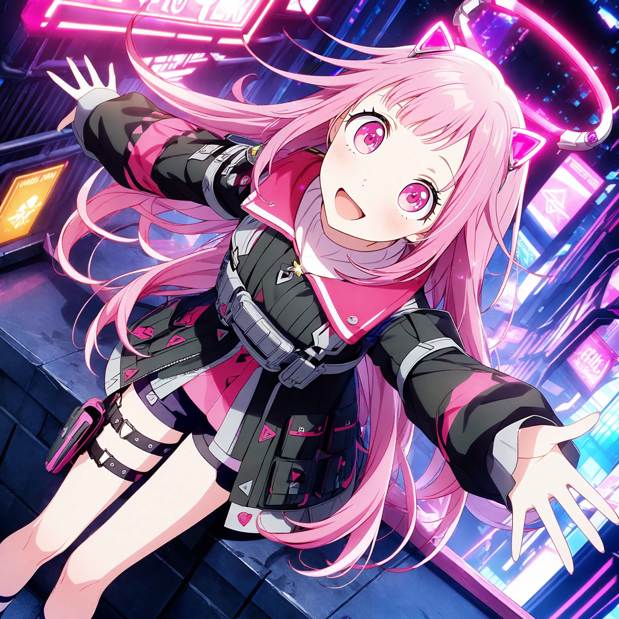 1girl, ootori emu, project sekai, masterpiece, very aesthetic, absurdres, official art, 
angle glint, (pink very long hair:1.2), pink eyes, straight hair, floating hair, 
(looking at viewer:1.4), :D, from above, sitting, leaning back, arched back, reaching toward viewer, head tilt,  BREAK
mechanical halo, mechanical ears, long sleeves, black jacket, thigh strap, tactical clothes, pouch, thigh holster, headgear, black coat, thigh pouch, sleeves past wrists, zipper, multicolored clothes, black short shorts, 
cyberpunk city, light rays, luminescence, dark atmosphere, neon sign, skyscraper, City of night,
 <lora:sdxl-ws-CyberEmu02:0.9:lbw=0,0,0.2,0.2,0,0.4,0.4,0,0.8,0.8,0,0,0,0.8,0.8,0.6,0.8,0.0,0.0,0.0,0,0,0,0,0,0>